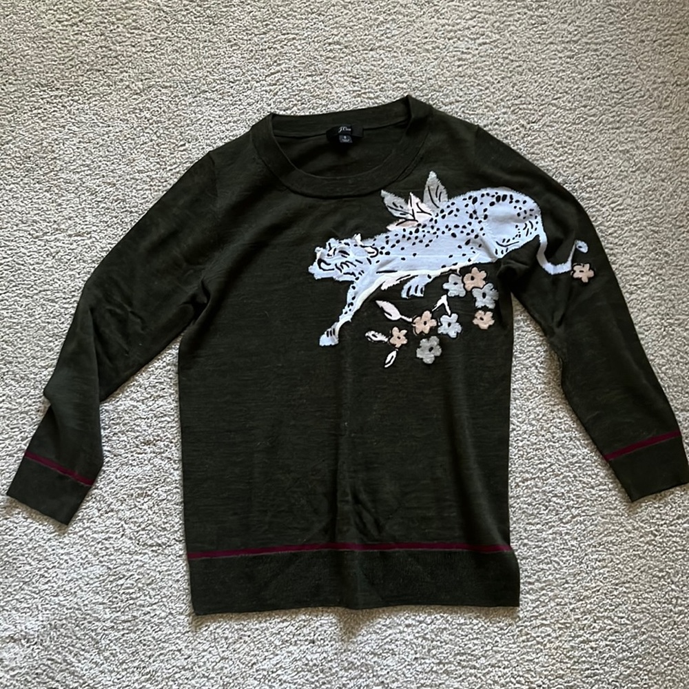 J. Crew Women’s Sweater with Leopard Appliqué in Olive Sz S